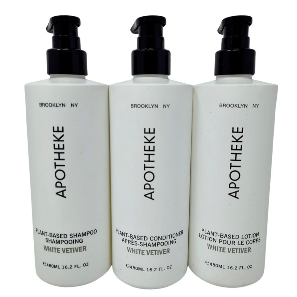 3 Apotheke Full Size Shampoo Conditioner Lotion White Vetiver 16 Oz Each.